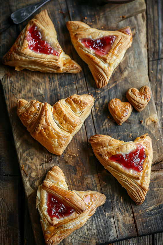 Puff pastry triangles spread with pink jam, some rolled into heart shapes on a wooden surface