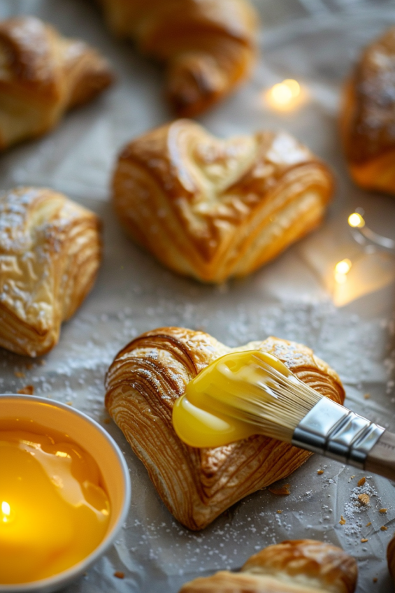 Close-up of a pastry brush applying egg wash to a heart-shaped croissant