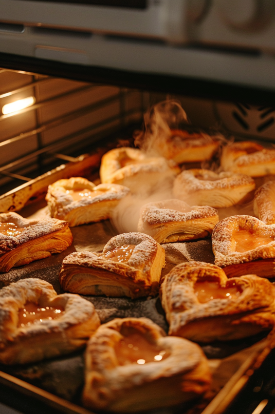 Heart-shaped croissants baking in an oven, golden brown and puffed with steam rising