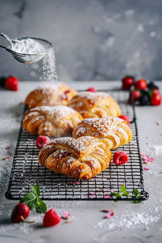 Freshly baked heart-shaped croissants on a cooling rack with powdered sugar being dusted