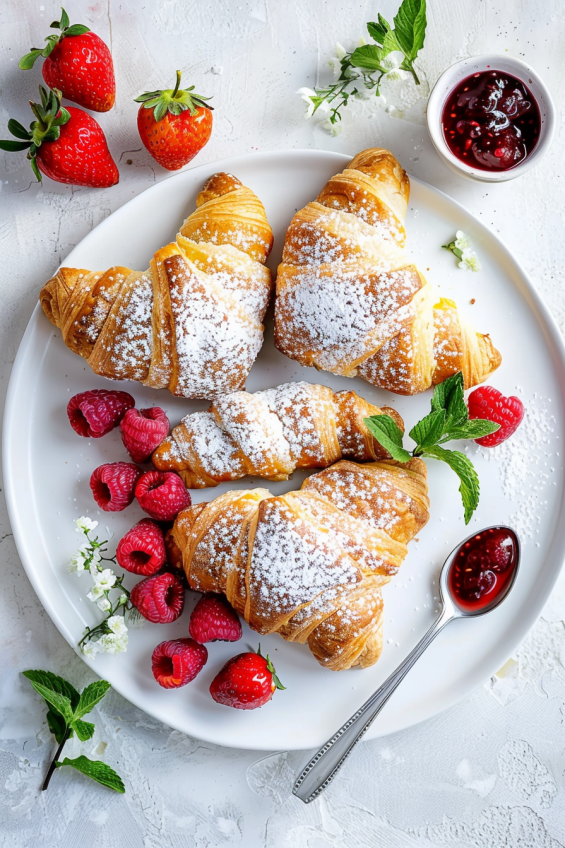 Heart-shaped croissants on a large white plate, dusted with powdered sugar, with fresh berries and a small cup of jam on the side