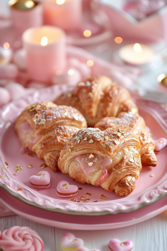 Heart-shaped croissants on a pastel pink plate, topped with edible gold flakes and surrounded by heart-shaped candies and chocolates