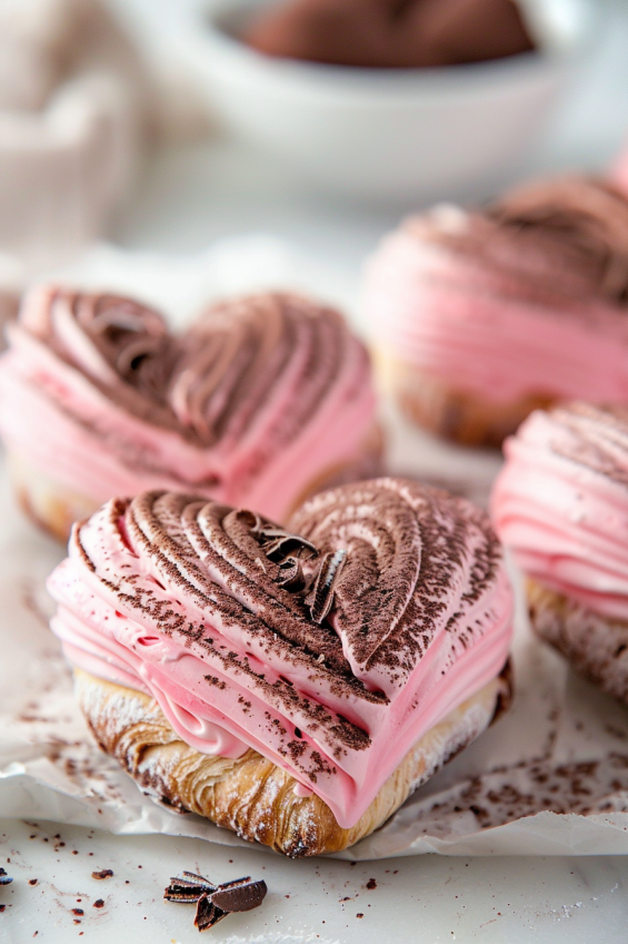 Heart-shaped croissants drizzled with melted chocolate and berry glaze, topped with colorful sprinkles, served with a scoop of ice cream