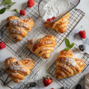 Freshly baked heart-shaped croissants on a cooling rack with powdered sugar being dusted