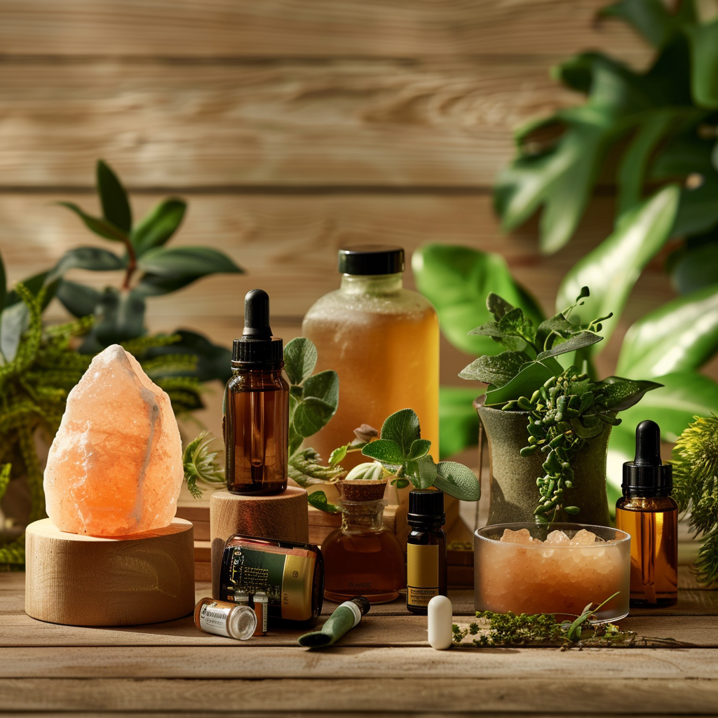 Health and wellness products including essential oils, herbal teas, and organic skincare, arranged in a spa-like setting