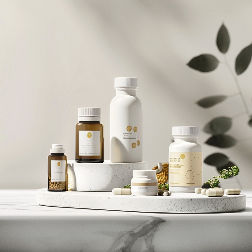 High-quality dietary supplements including vitamins, omega-3 capsules, and protein powder, displayed on a marble surface