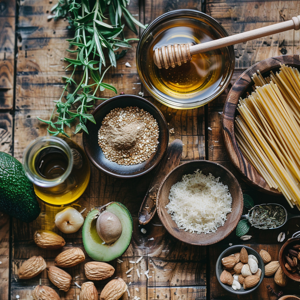 Healthy pantry staples including organic olive oil, whole grains, fresh avocados, and almonds on a rustic wooden countertop