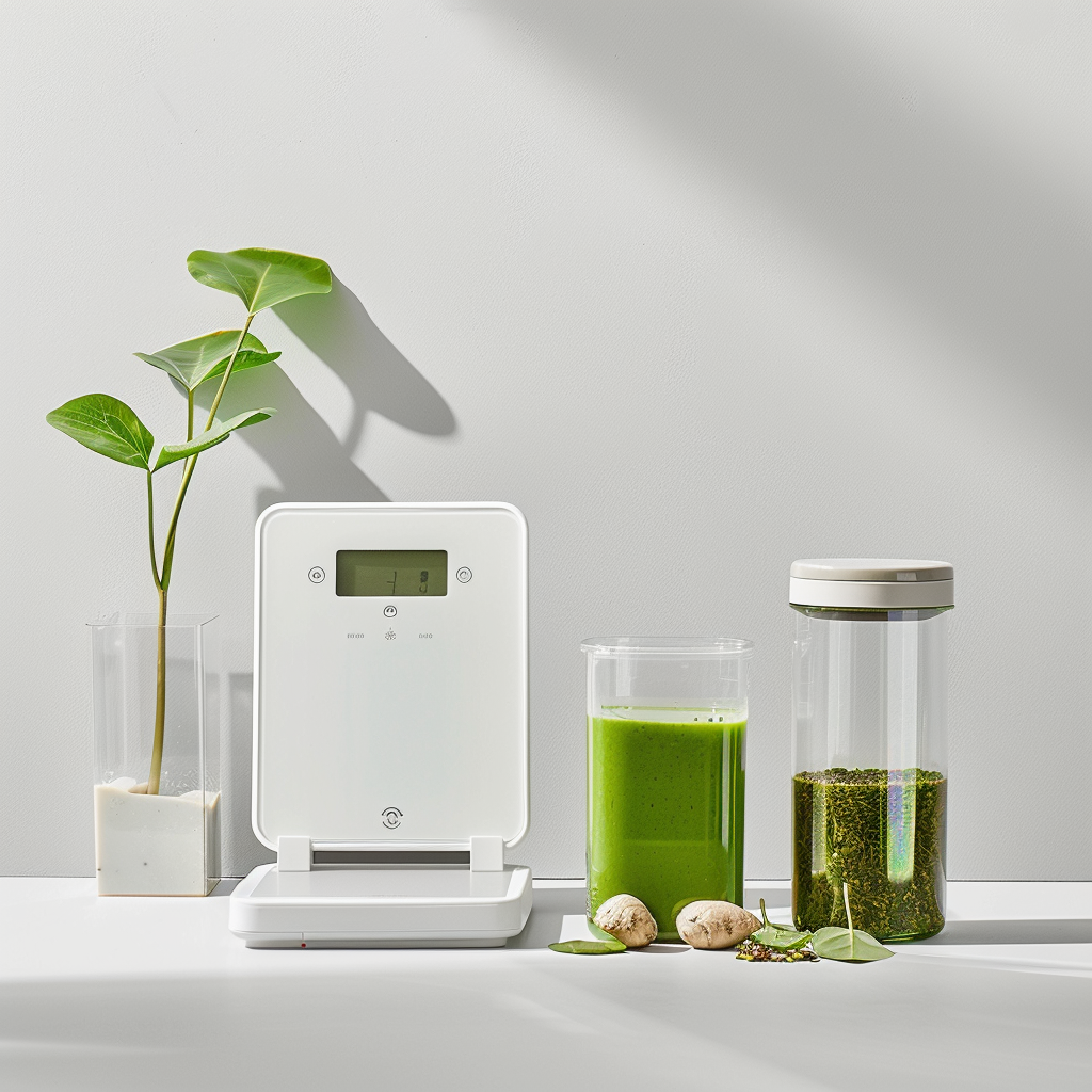 Weight management tools including a smart scale, portion control containers, and detox tea, arranged on a sleek modern surface