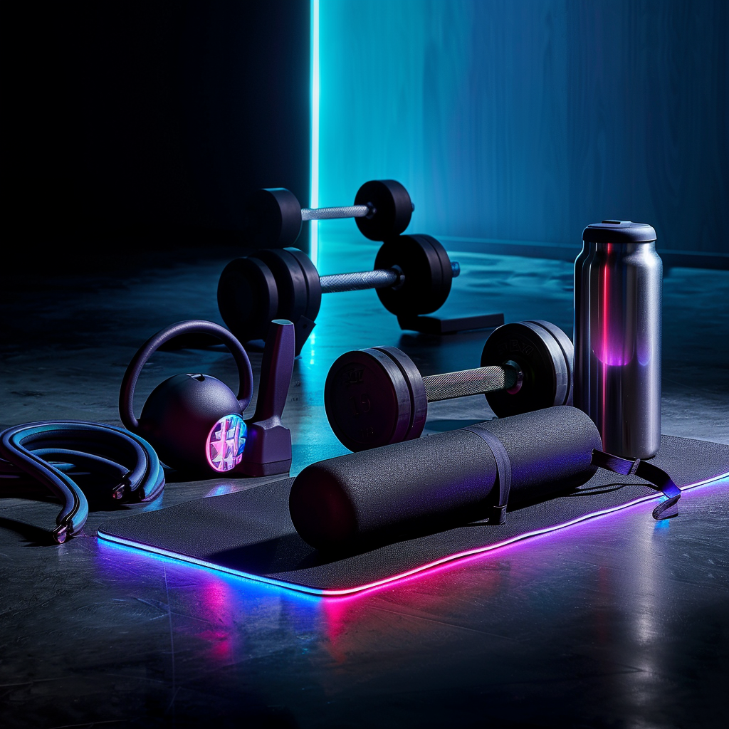 Gym equipment including adjustable dumbbells, resistance bands, and a yoga mat, displayed on a dark gym floor