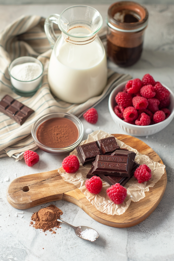 Ingredients for raspberry chocolate pudding, including milk, dark chocolate, cocoa powder, sugar, vanilla extract, cornstarch, raspberries, and salt