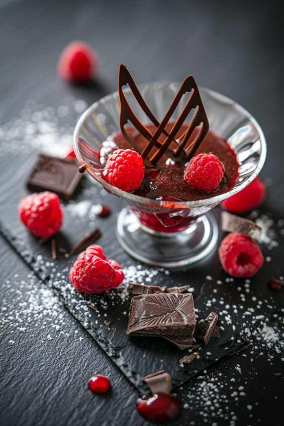 Chocolate pudding in a glass cup with artistic chocolate drizzle on a black slate plate