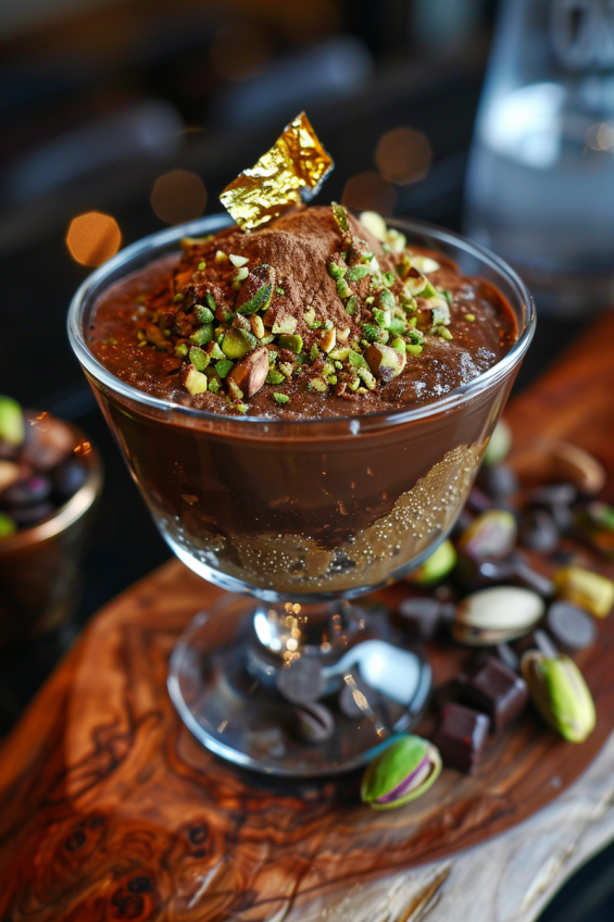 Chocolate pudding garnished with cocoa powder, crushed pistachios, walnuts, and a gold leaf