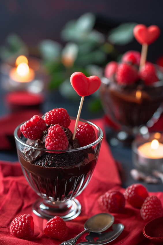 Chocolate pudding topped with heart-shaped chocolate decorations and arranged with heart-shaped raspberries