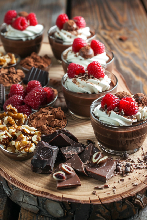 Chocolate pudding cups served on a rustic wooden tray with garnishes of raspberries, chocolate truffles, and whipped cream