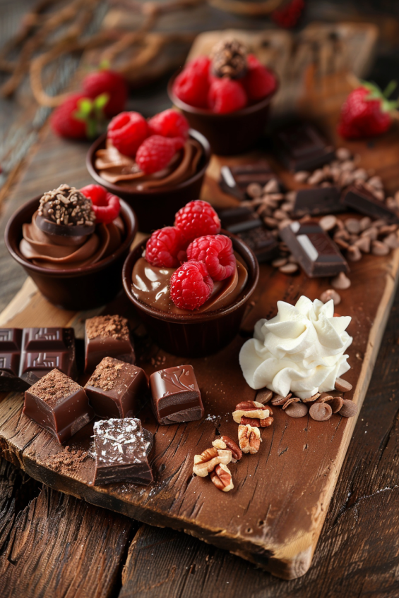 Chocolate pudding cups served on a rustic wooden tray with garnishes of raspberries, chocolate truffles, and whipped cream