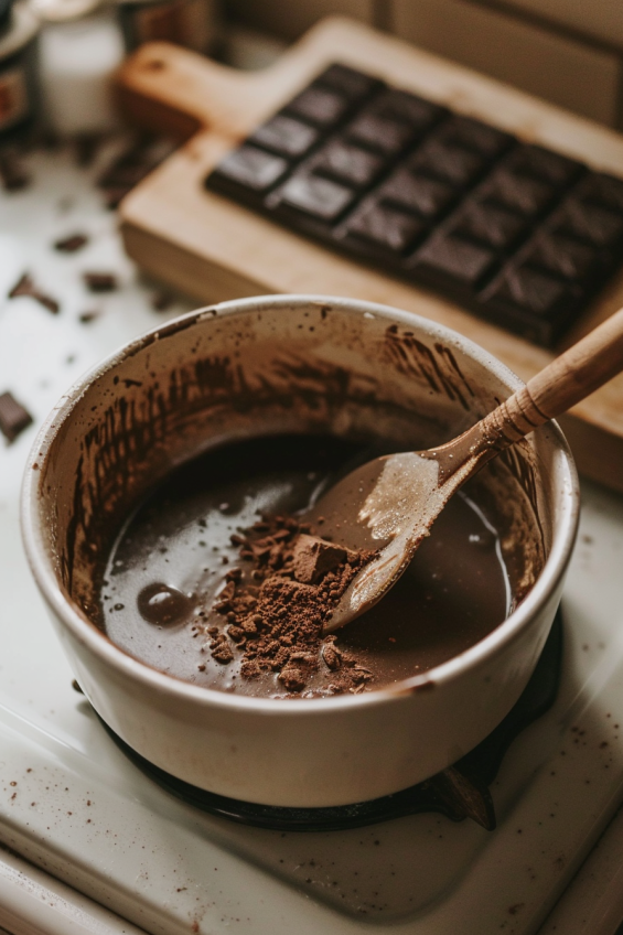 Milk, sugar, cocoa powder, and salt being stirred in a saucepan with a whisk over medium heat