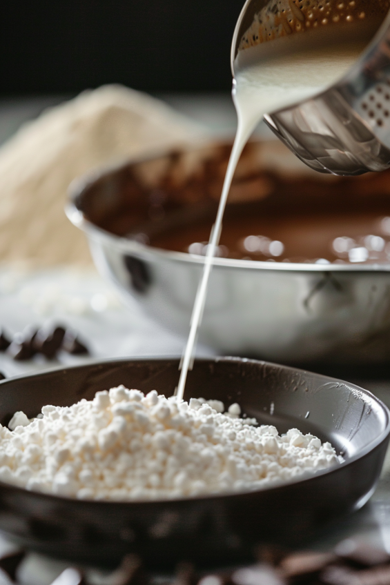 A bowl of cornstarch slurry and a saucepan with thickening chocolate pudding mixture.