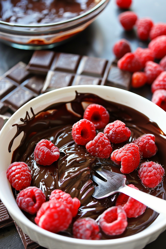 Mashed raspberries being stirred into a thick chocolate pudding mixture