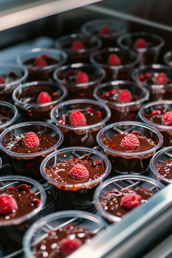 Glass dessert cups filled with chocolate and raspberry pudding, cooling on a counter