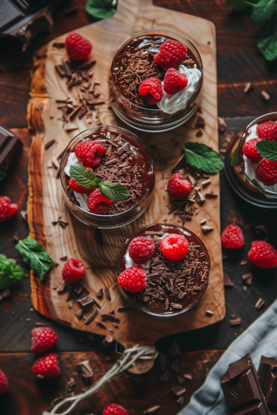 Chocolate pudding served in glass cups, topped with fresh raspberries, grated chocolate, and mint