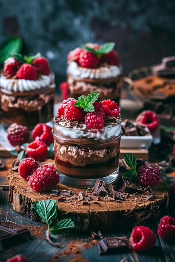 Chocolate pudding served in glass cups, topped with fresh raspberries, grated chocolate, and mint