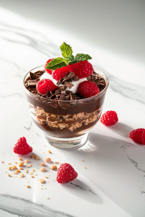 Raspberry chocolate pudding layered with crushed raspberries and topped with mint in a clear glass cup