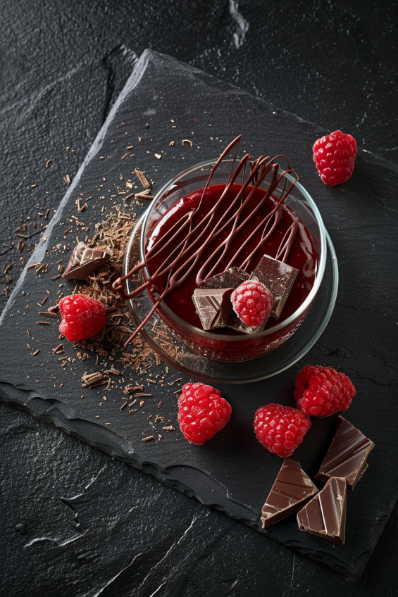 Chocolate pudding in a glass cup with artistic chocolate drizzle on a black slate plate