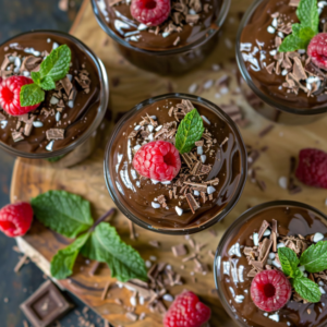 Chocolate pudding served in glass cups, topped with fresh raspberries, grated chocolate, and mint