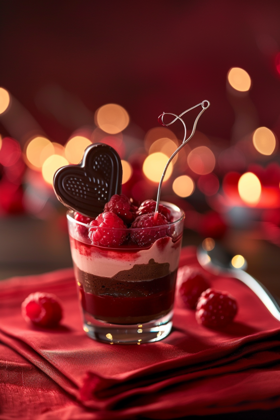 Chocolate pudding topped with heart-shaped chocolate decorations and arranged with heart-shaped raspberries