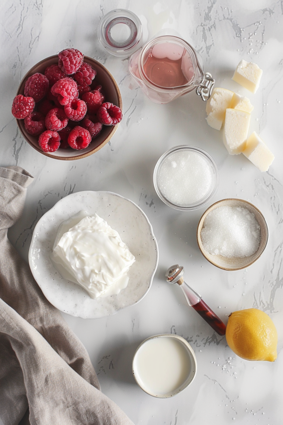 Ingredients for Raspberry and Rose Panna Cotta, including heavy cream, milk, sugar, rose water, gelatin, raspberries, and lemon