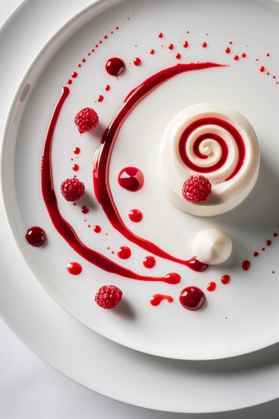 Artistic raspberry sauce design on a panna cotta plate, including swirls and dots for a modern look