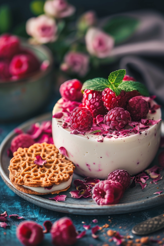 Raspberry and Rose Panna Cotta garnished with fresh raspberries, rose petals, and a sprig of mint