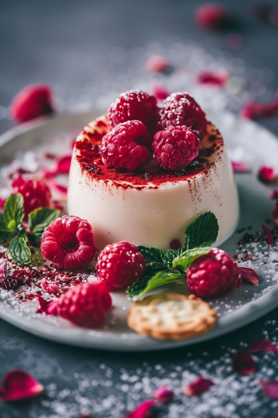 Raspberry and Rose Panna Cotta garnished with fresh raspberries, rose petals, and a sprig of mint