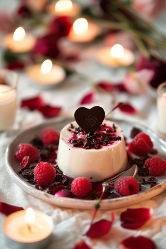 Raspberry and Rose Panna Cotta topped with a small chocolate heart and scattered rose petals for a romantic touch