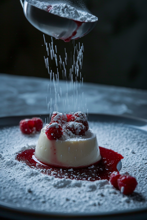 Final touches on Raspberry and Rose Panna Cotta, including adjusting the sauce and dusting powdered sugar