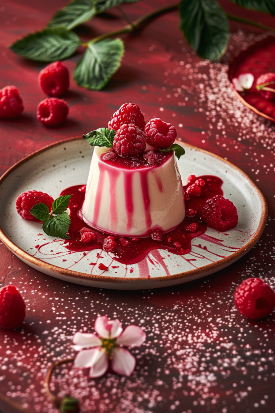 Raspberry and Rose Panna Cotta served in a pudding style with raspberry sauce draped over the dessert