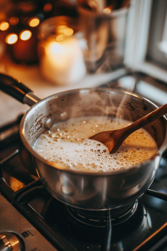 Cream, milk, and sugar mixture heated in a saucepan for the Raspberry and Rose Panna Cotta