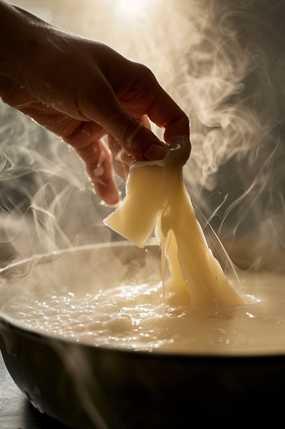 Dissolving softened gelatin sheets into the warm cream mixture for Raspberry and Rose Panna Cotta