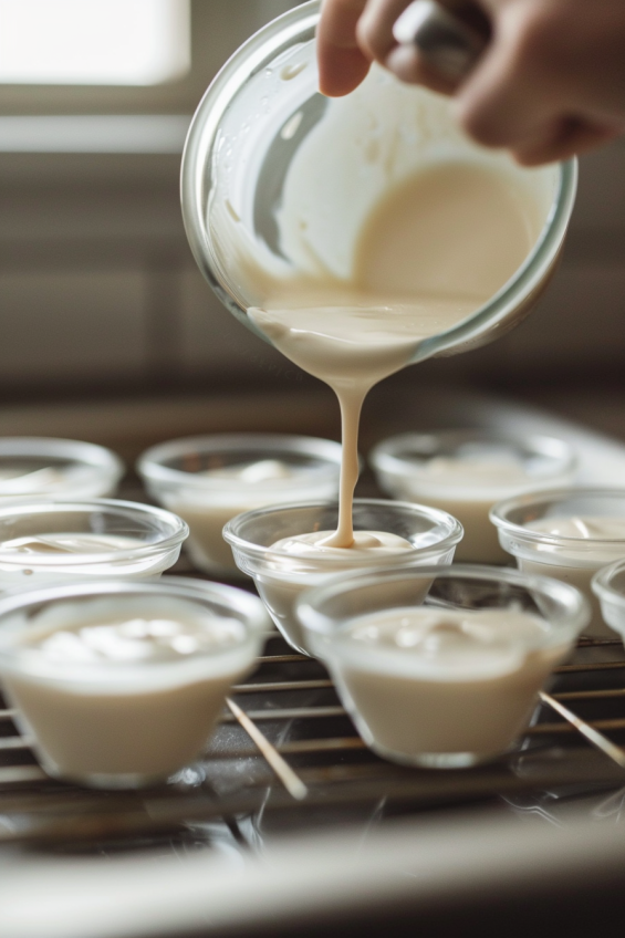 Pouring the panna cotta mixture into small ramekins to set in the refrigerator