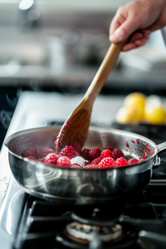 Cooking raspberries with sugar and lemon juice to make a sauce for the Raspberry and Rose Panna Cotta