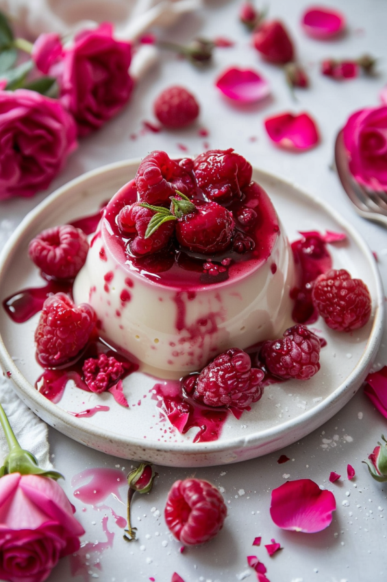 Finished Raspberry and Rose Panna Cotta served on a white plate with raspberry sauce, fresh raspberries, and rose petals