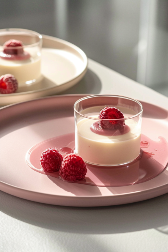 Raspberry and Rose Panna Cotta served on a white plate or in a clear dessert cup to highlight vibrant colors