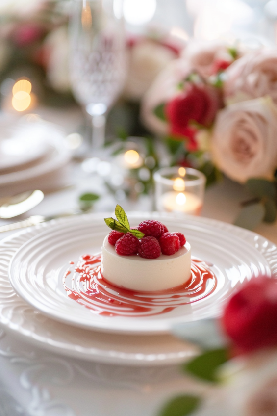 Artistic raspberry sauce design on a panna cotta plate, including swirls and dots for a modern look