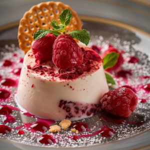 Raspberry and Rose Panna Cotta garnished with fresh raspberries, rose petals, and a sprig of mint