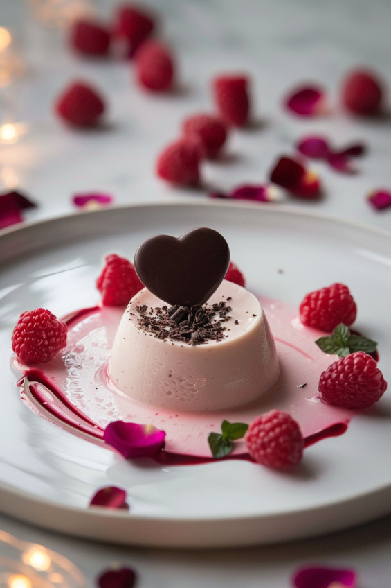 Raspberry and Rose Panna Cotta topped with a small chocolate heart and scattered rose petals for a romantic touch