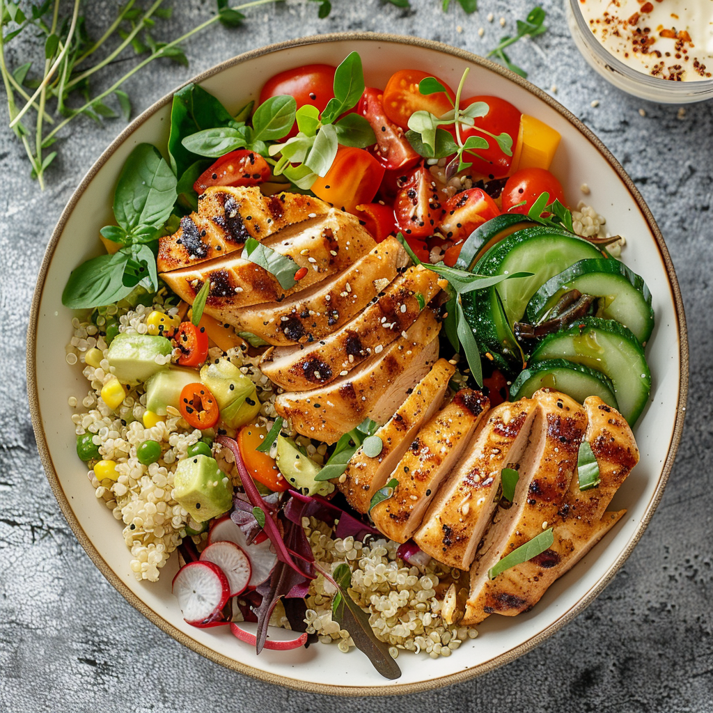 Healthy low-calorie meal with grilled chicken, quinoa, and fresh vegetables, served on a minimalist plate