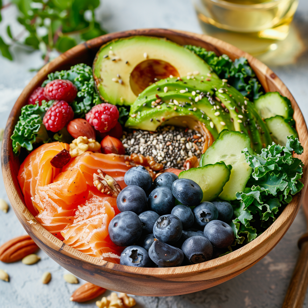 A colorful superfood bowl with avocado, salmon, kale, and nuts, beautifully arranged in a wooden bowl