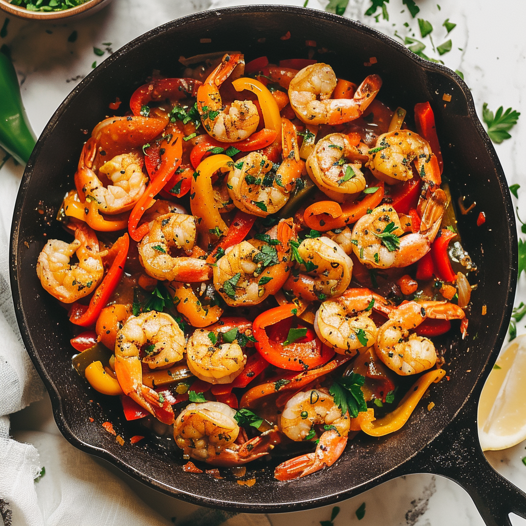 One-pan shrimp stir-fry with bell peppers and garlic butter, served in a cast-iron skillet