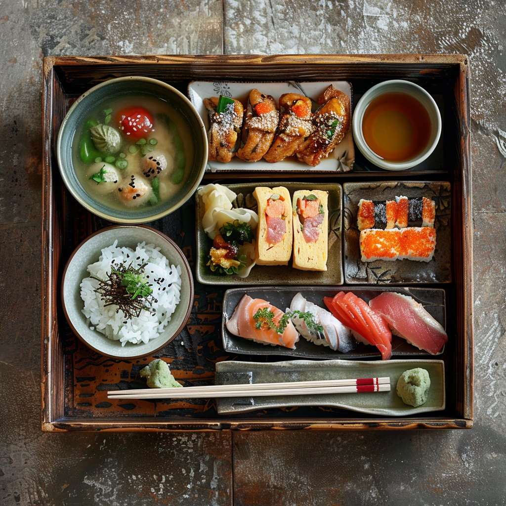 Traditional Japanese meal with sushi, sashimi, tempura, miso soup, and a bento box, served on a wooden tray