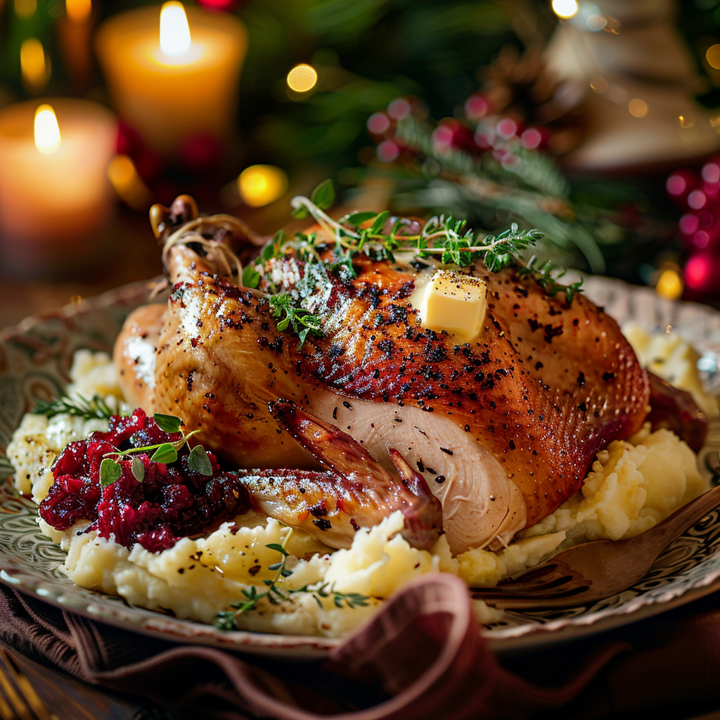 Close-up of a gourmet holiday feast with roasted turkey, mashed potatoes, and cranberry sauce on a festive table